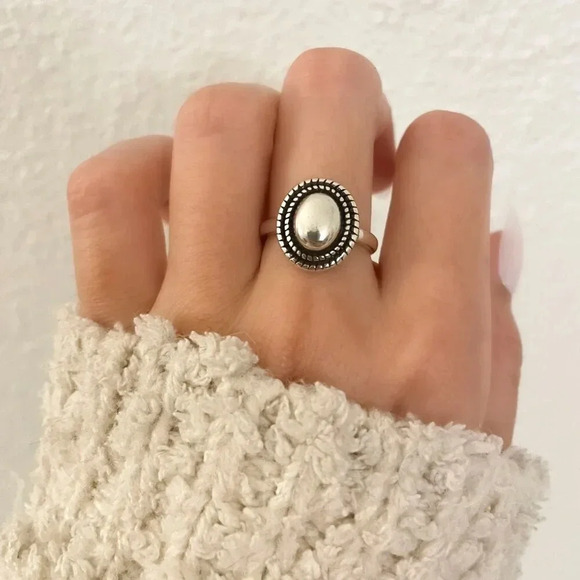 925 Sterling Silver Oval Ring Vintage Ring Geometric Round Circle Ring - Picture 2 of 9